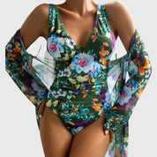 Badpak Set Dames met Kleurrijke Bloemenprint en Bijpassende Cover-up Kimono - Ginevra Romano