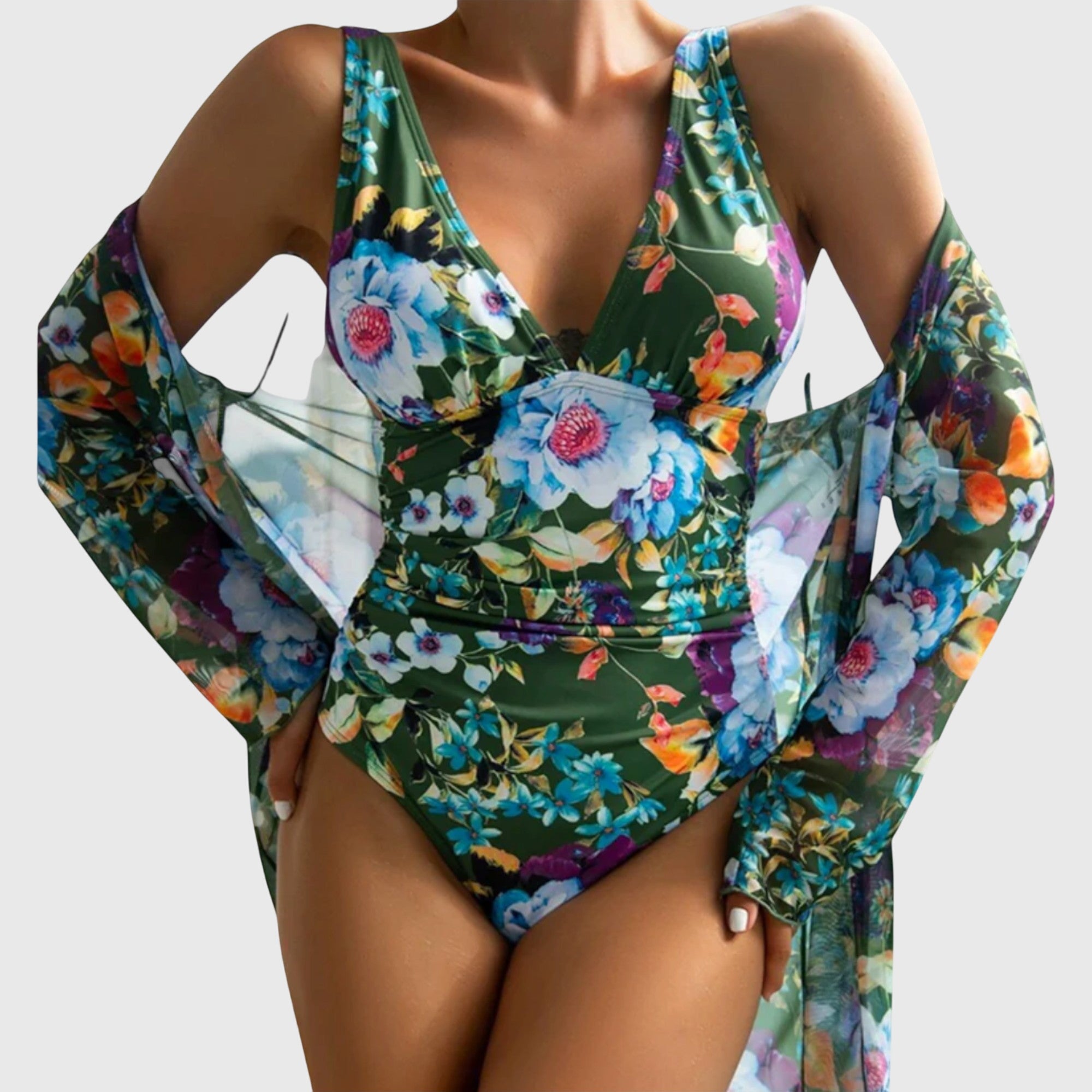 Badpak Set Dames met Kleurrijke Bloemenprint en Bijpassende Cover-up Kimono - Ginevra Romano