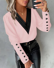 Caris Blouse | Blouse met Colour Block Design, V-Hals en Lange Mouwen
