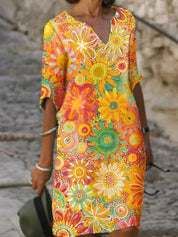Dames Bloemen Zomerjurk Kleurrijke Print Korte Mouwen Oversized Casual - Groen / Geel / Roze - Maelen