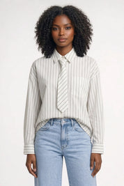 Gestreepte Damesblouse met Strikdetail - Wit - Maelen
