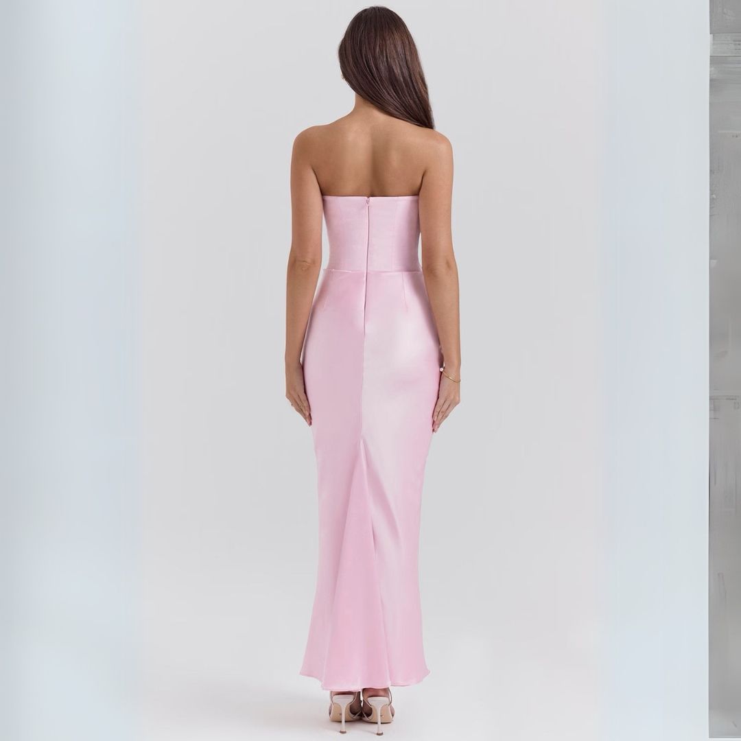 Alessia dames satijnen strapless corsetjurk – elegante maxi-jurk met geplooid detail