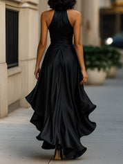 Dames Halter Maxi Jurk Satijn Look Diepe V-hals Split Vloerlengte Feestelijk - Marineblauw / Champagne / Bordeaux - Maelen