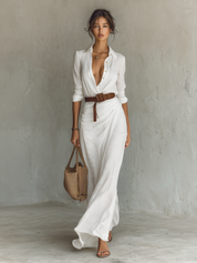 Dames Maxi Blousejurk Linen Look Lange Mouwen Ceintuur Diepe V-hals - Khaki / Marineblauw / Wit / Zwart - Maelen