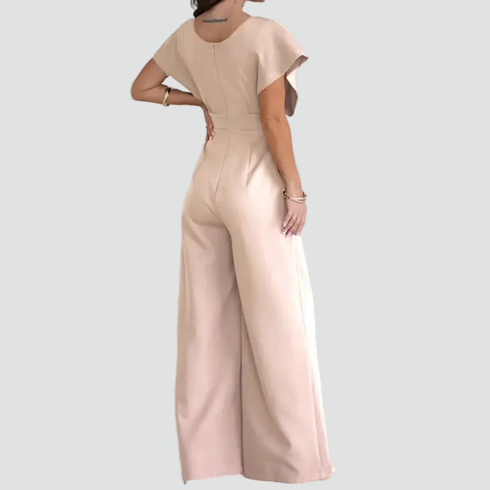 Dames Jumpsuit met Overslaghals, Wijde Pijpen en Kapmouwen - Zwart/Beige/Wit