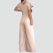 Dames Jumpsuit met Overslaghals, Wijde Pijpen en Kapmouwen - Zwart/Beige/Wit