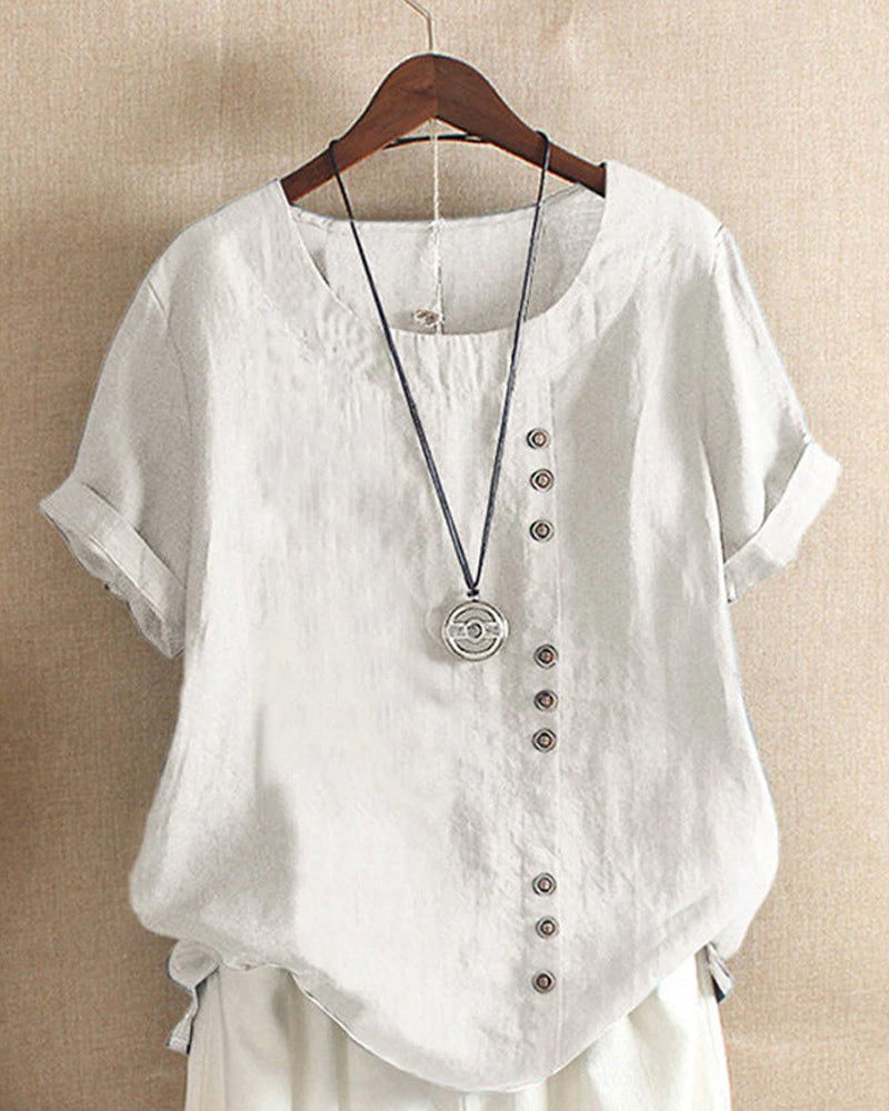 Alexandra Blouse | Zomerse Linnen-Katoenen Blouse met Korte Mouwen en Vintage Look
