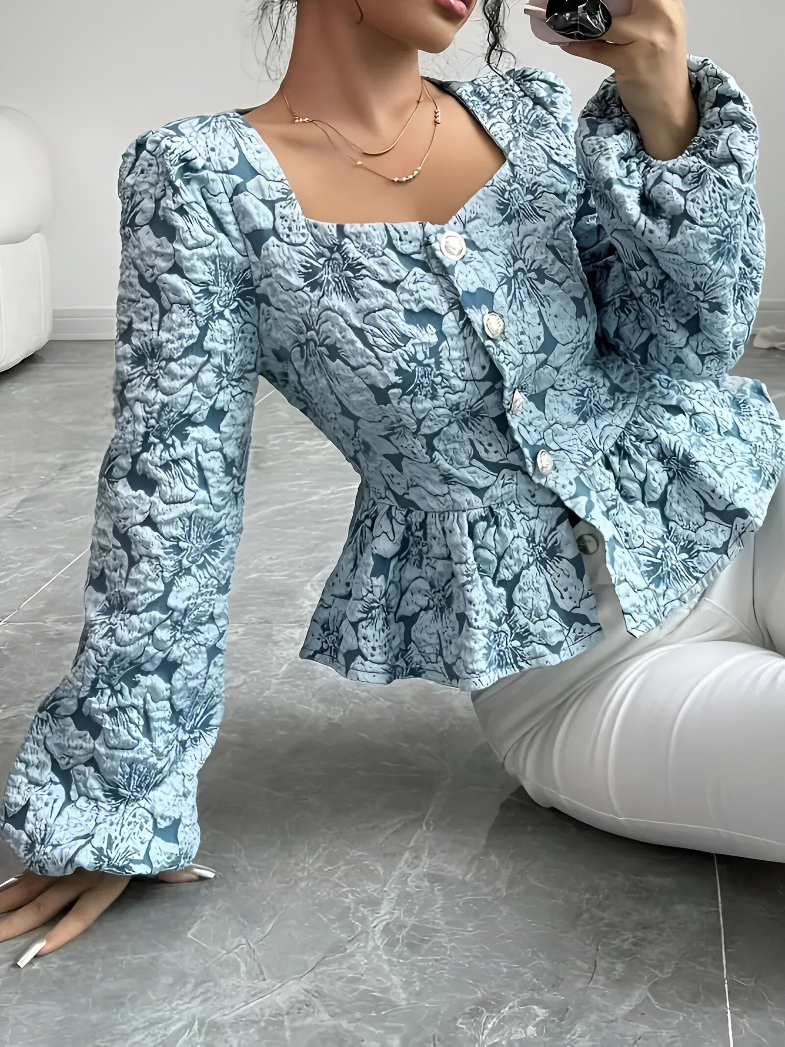 Bijou Blouse | Romantische Blouse met Jacquardstof, Sweetheart Halslijn en Ruches