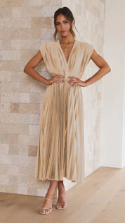Dames Midi Jurk Plissé Rok V-hals Korte Mouwen Bruiloft Gast - Roze / Beige / Lila - Maelen