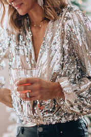 Dames Pailletten Blouse V-hals Lange Mouwen Wrap Stijl Feestelijk Glamour - Maelen