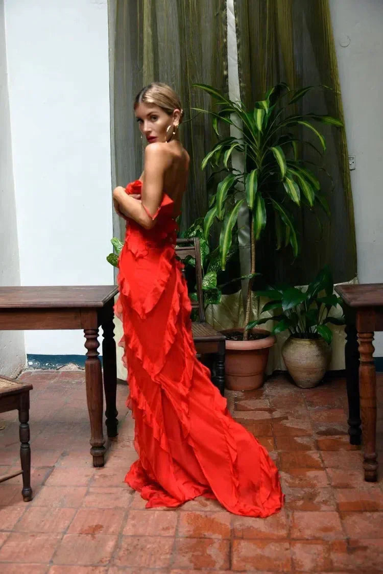 Tullia | Ruffle Jurk Dames - Elegant, Vloeiend en Romantisch - Rood / Zwart / Marine