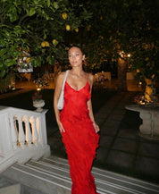 Tullia | Ruffle Jurk Dames - Elegant, Vloeiend en Romantisch - Rood / Zwart / Marine