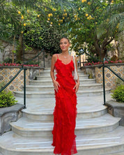 Tullia | Ruffle Jurk Dames - Elegant, Vloeiend en Romantisch - Rood / Zwart / Marine