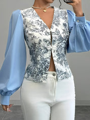 Blair Blouse | Bloemenprint Blouse met V-Hals en Lantaarnmouwen