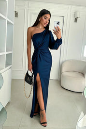 Dames Maxi Jurk met Split One Shoulder Elegant Feestelijk Vloerlengte - Turkoois / Olijfgroen / Marineblauw - Maelen