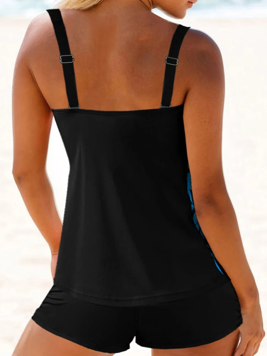Dames Tankini Bladprint Tweedelig Zwart Contrast - Zwart-Geel / Zwart-Wit / Zwart-Roze - Maelen
