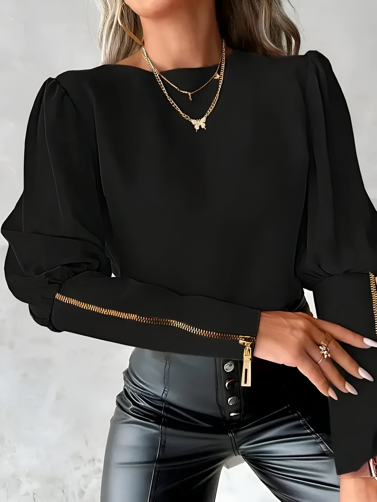 Bodi Blouse | Elegante Blouse met Pofmouwen en Metallic Ritssluiting