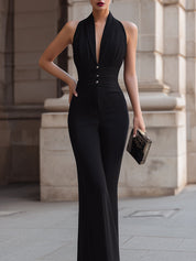 Dames Jumpsuit Halternek Wijde Pijpen Getailleerde Pasvorm Casual en Dagelijks - Zwart - Maelen