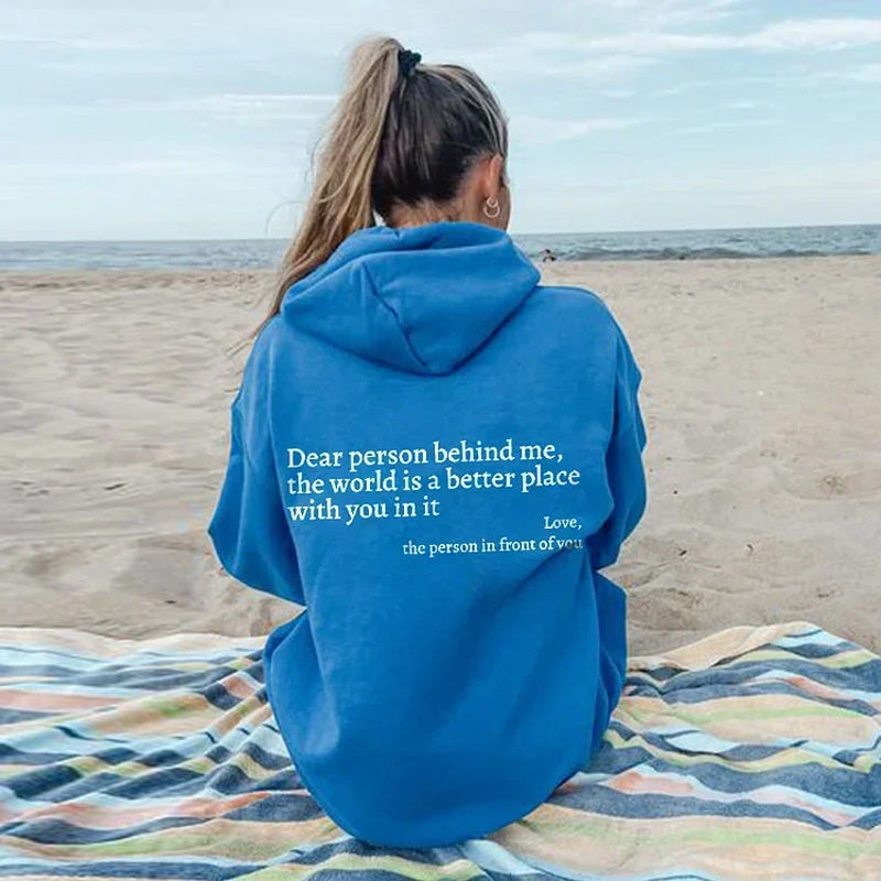 Aurelia Hoodie | "Dear Person Behind Me" Trui met Positieve Boodschap en Comfortabele Pasvorm
