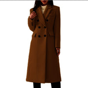 Isabella Wollen Lange Mantel Dames – Elegante Wijnrode Jas met Dubbele Knopen & Reverskraag