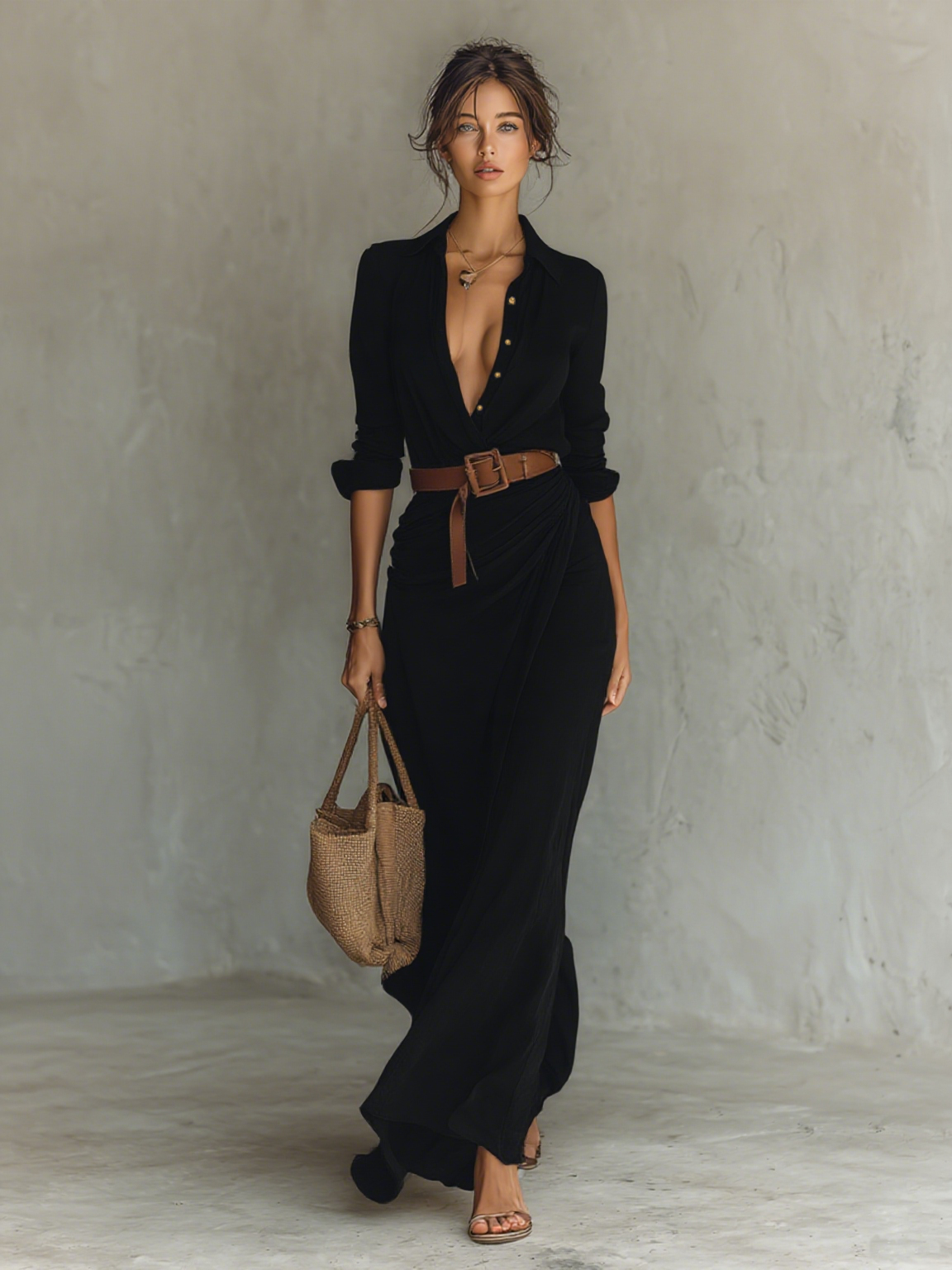 Dames Maxi Blousejurk Linen Look Lange Mouwen Ceintuur Diepe V-hals - Khaki / Marineblauw / Wit / Zwart - Maelen