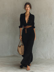 Dames Maxi Blousejurk Linen Look Lange Mouwen Ceintuur Diepe V-hals - Khaki / Marineblauw / Wit / Zwart - Maelen