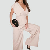 Dames Jumpsuit met Overslaghals, Wijde Pijpen en Kapmouwen - Zwart/Beige/Wit