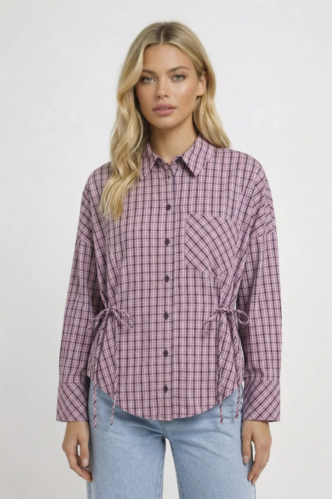 Geruite Damesblouse met Koorddetail en Getailleerde Pasvorm - Roze - Maelen