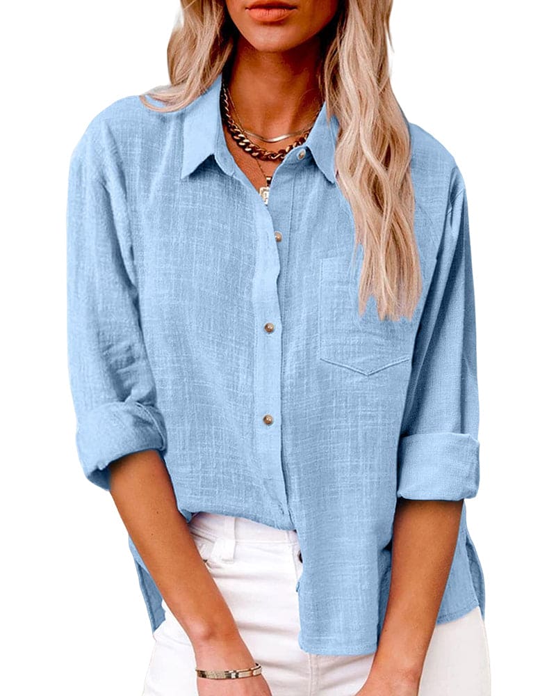 Stella | Stijlvolle Katoen-Linnen Blouse Dames - Luchtig, Casual en Veelzijdig - Licht Blauw / Zwart / Roze