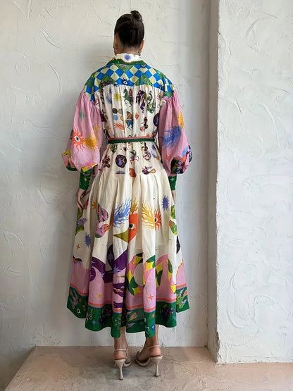 Adeline Maxi-jurk | Vloeiende Jurk met Abstracte Print, Lantaarnmouwen en Taille Riem