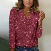 Giulia Dames Glitter V-Hals Blouse – Trendy Lange Mouwen Top voor Lente & Zomer