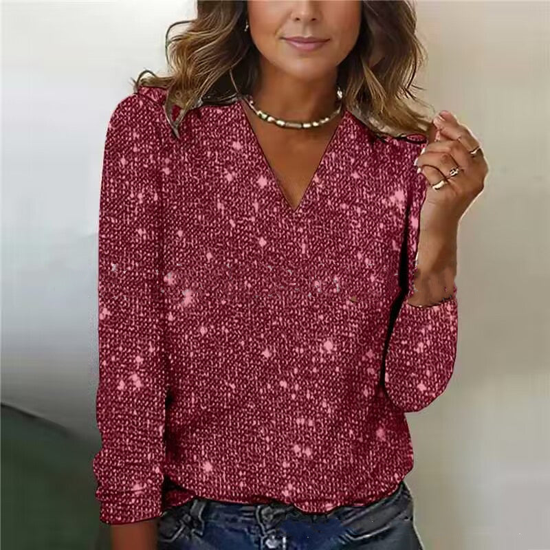 Giulia Dames Glitter V-Hals Blouse – Trendy Lange Mouwen Top voor Lente & Zomer