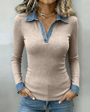 Slim Fit Top Dames met V-hals, Lange Mouw en Colour Block Detail - Alessia Vento