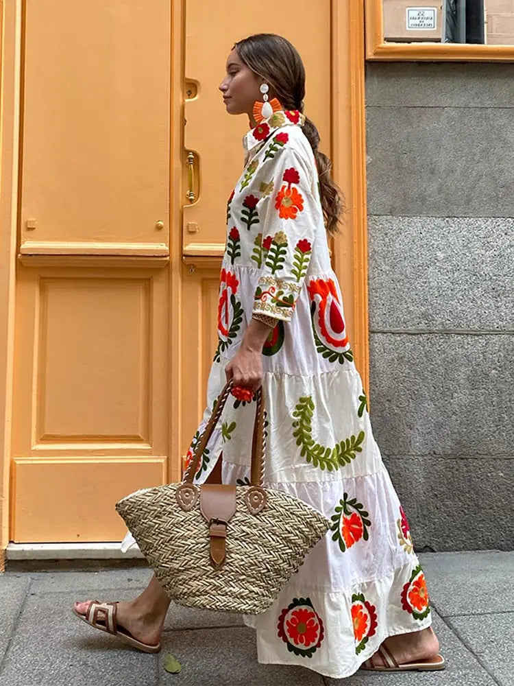 Camila Maxi-jurk | Losvallende Damesjurk met Print, Knoopsluiting en Lange Mouwen