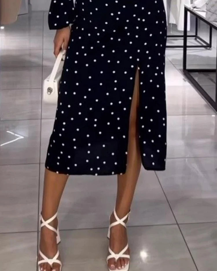 Giada Set | Tweedelige Dames Set met Stippenprint, Getailleerde Top en Hoge Taille Rok