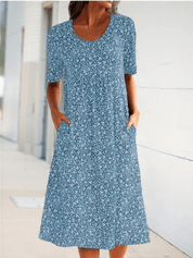 Alisha™ Bloemenjurk | Vrouwelijke Midi-Jurk met Ronde Hals, Vloeiende Pasvorm en Zijzakken