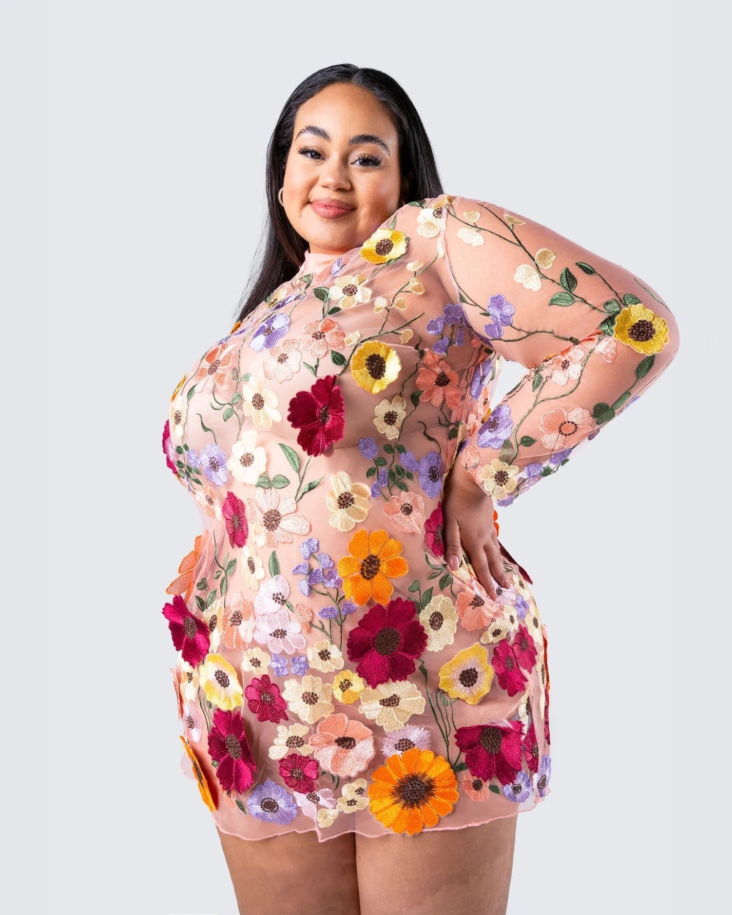 Fiorella Jurk | Bodycon Damesjurk met 3D Bloemenprint en Lange Mouwen