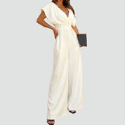 Dames Jumpsuit met Overslaghals, Wijde Pijpen en Kapmouwen - Zwart/Beige/Wit