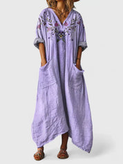 Dames Boho Maxi Jurk Bloemenprint Korte Mouwen Zijzakken Oversized Casual Feestelijk - Oranje / Rood / Groen - Maelen