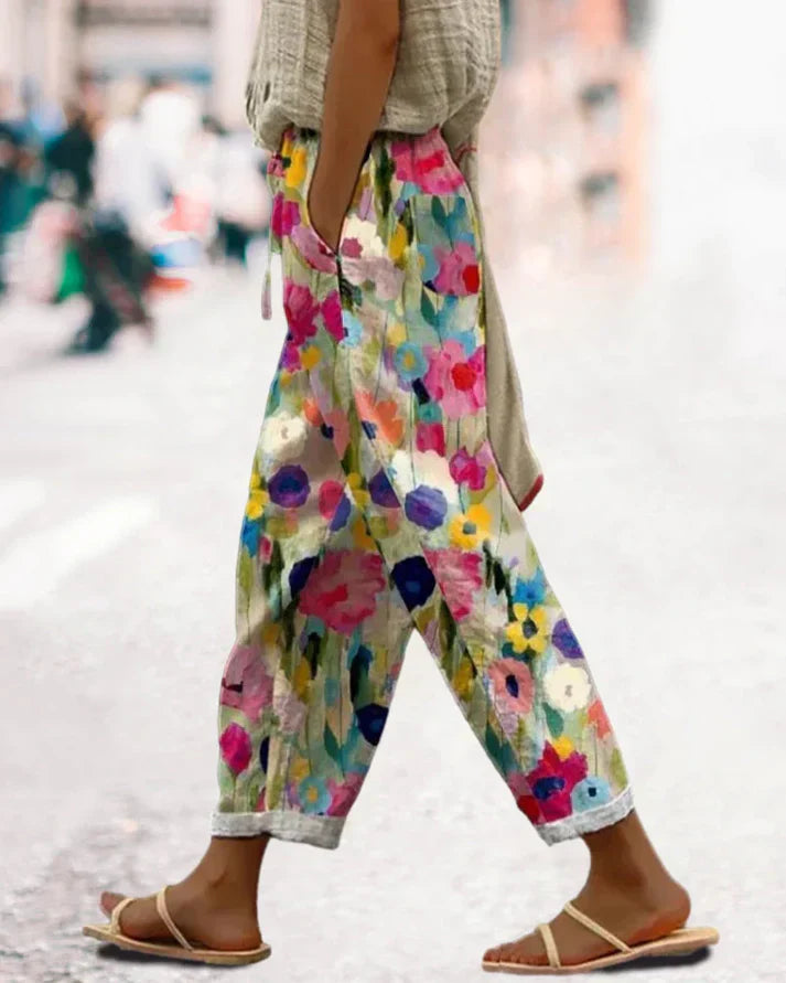 Dames Broek Bloemenprint Zakken Elastische Taille Loszittend - Veelkleurig - Maelen