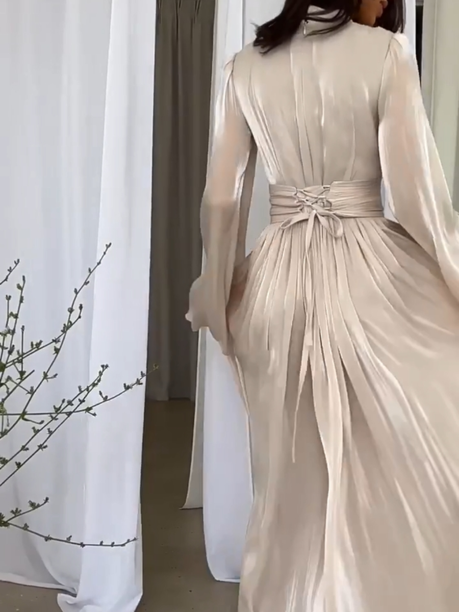 Elena Jurk | Vloeiende Maxi Jurk met Strikceintuur en Elegante Plooidetails