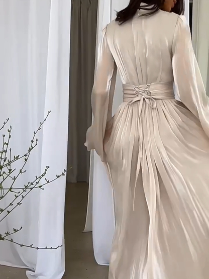 Elena Jurk | Vloeiende Maxi Jurk met Strikceintuur en Elegante Plooidetails