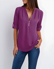 Amaya Blouse | Tijdloze Damesblouse met Halve Rits en Comfortabele Pasvorm