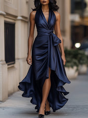 Dames Halter Maxi Jurk Satijn Look Diepe V-hals Split Vloerlengte Feestelijk - Marineblauw / Champagne / Bordeaux - Maelen