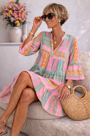 Dames Midi Jurk Gelaagd Kleurrijk Print V-hals Loszittend Zomer - Maelen