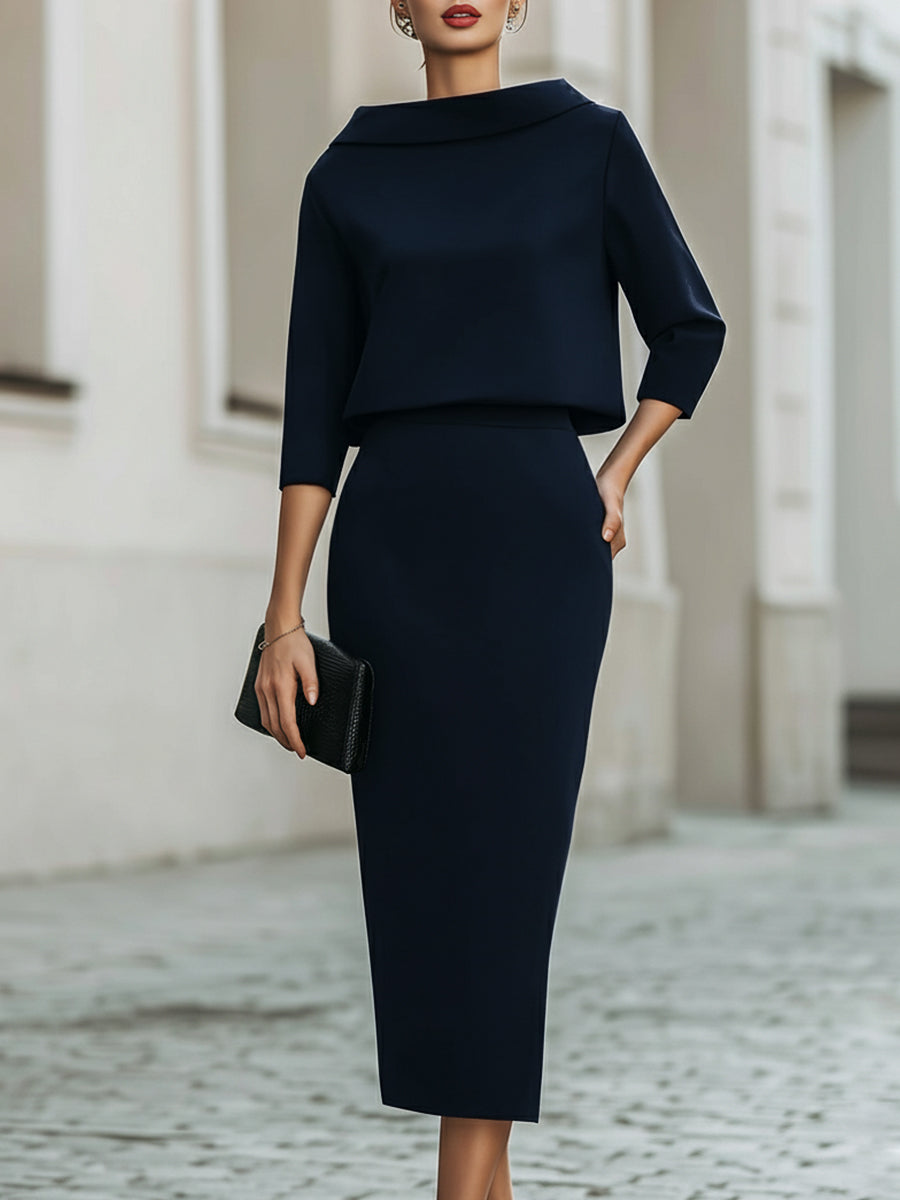 Dames Tweedelige Set Bootnek Top en Midi Rok Getailleerde Pasvorm - Zwart / Marineblauw / Beige - Maelen
