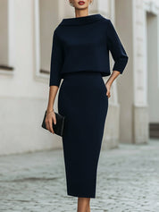 Dames Tweedelige Set Bootnek Top en Midi Rok Getailleerde Pasvorm - Zwart / Marineblauw / Beige - Maelen