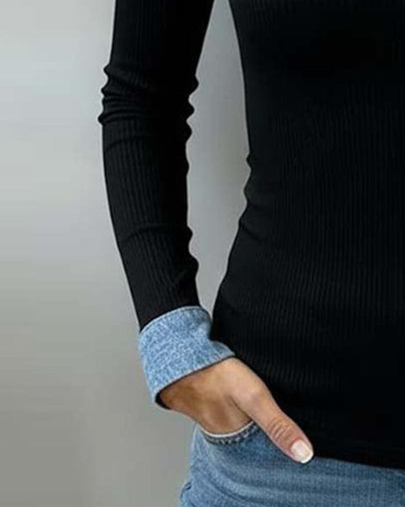 Slim Fit Top Dames met V-hals, Lange Mouw en Colour Block Detail - Alessia Vento