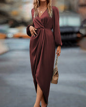 Elegante Midi Jurk Dames met V-hals en Ballonmouwen - Bella Conti