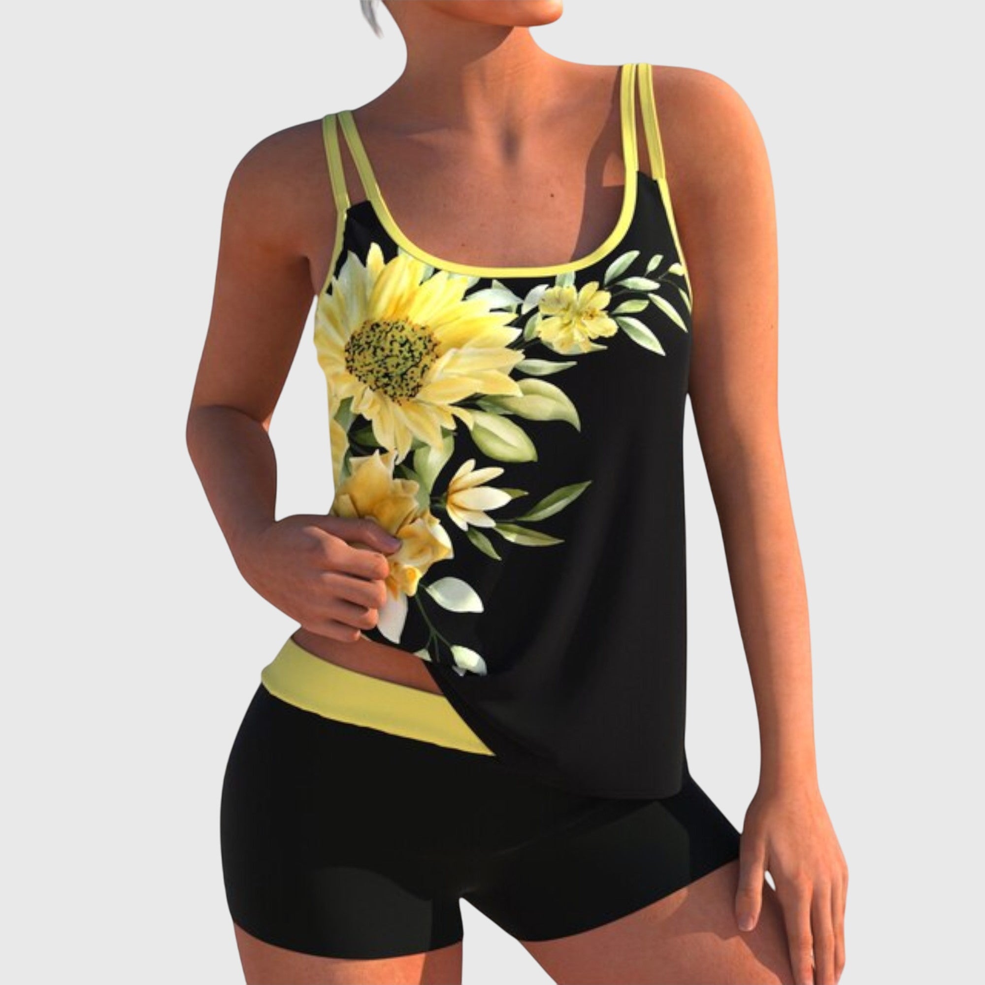 Tankini Set Dames met Bloemenprint, Boyshort en Contrasterende Accenten - Britta Solano